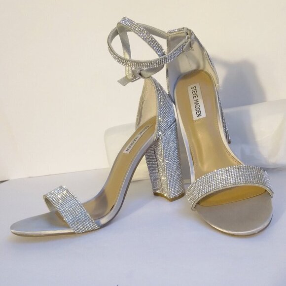 Steve Madden Carrson Silver Crystal Covered Block Heel Sparkly Sandals  Sz 9.5 - Picture 11 of 11